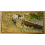 Kim Appleyard - oil on board St Mawes coastal scene with figures pulling a boat from the water,