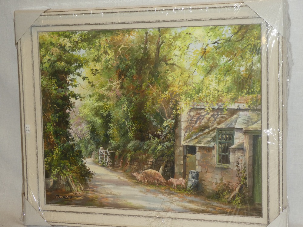 Monica Childs - oil on canvas Cornish farm scene with pigs, signed,