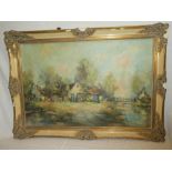 J**Rowlands - oil on canvas Dutch coastal scene, signed, labelled to verso,