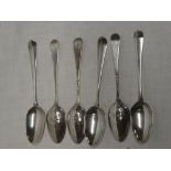 A set of six 18th Century silver teaspoons with decorated bowls and engraved initials, London marks,