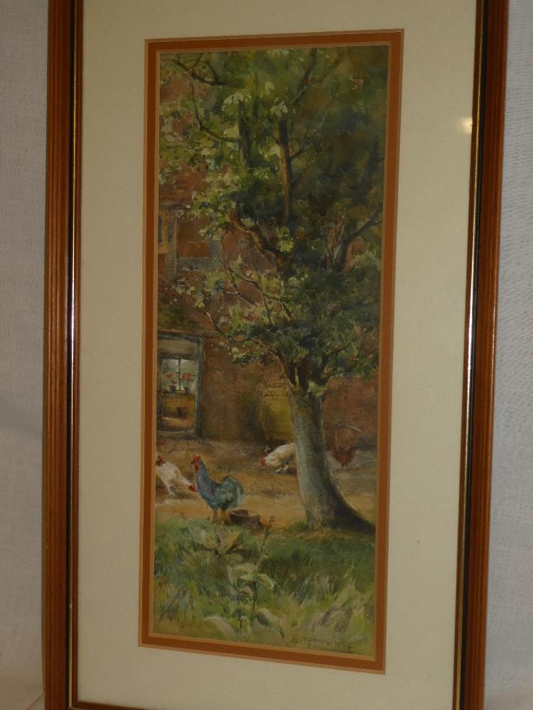 A** Rawlings - watercolour Farmyard scene with chickens,