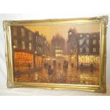 John Bampfield - oil on canvas Moonlit street scene with figures, signed,
