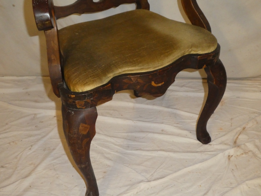 An early 19th century Dutch inlaid beech carver armchair with pierced splat back and upholstered - Image 3 of 3