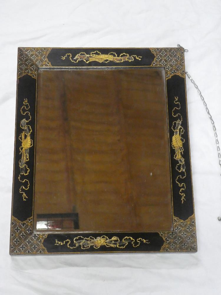 A bevelled rectangular wall mirror in Chinese-style lacquered rectangular frame 20" x 16"