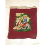 A 19th Century needlework and beadwork embroidered panel depicting two children with dogs in a