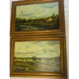 Artist unknown - oils on boards River landscape with houses and country landscape 13½" x 21½" (a