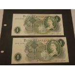 A pair of consecutively numbered green £1 notes signed Page