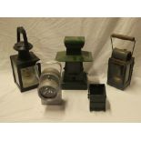 Five various painted metal hand lamps including SE65 hand torch, German hand lamp etc.
