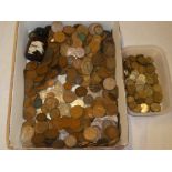 A large selection of mixed pre-decimal coins including pennies, half-pennies, shillings,