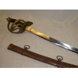 A copy Cavalry sword with curved blade and brass hilt in steel scabbard