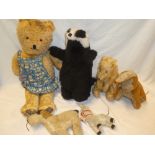 A selection of old soft toys including dogs, teddy bear etc.