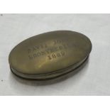 An old brass Welsh miner's oval snuff box engraved "Davii Jones Bronyberllan 1889"