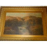 Artist unknown - oil on canvas Rural lake scene with cattle - 24" x 39" in ornate gilt frame