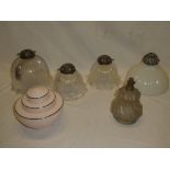 Six various old lamp/light shades including Art Deco pink-tinted stepped shade,