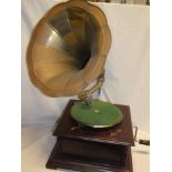 A reproduction mahogany square gramophone with brass horn