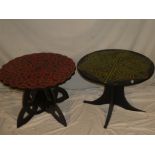 Two unusual painted wood circular coffee tables with Celtic-style decorated tops,