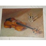 Sangra - oil on canvas Study of a violin and glass,