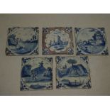 Five various 18th Century Delft square tiles depicting landscapes and figures