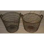 Two old circular wirework two-handled baskets