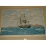 A coloured limited edition sailing print "HMS Beagle in the Galapagos" after John Chancellor,