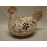 An old Staffordshire pottery chicken and basket bowl with painted floral decoration 10" long