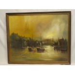 John Bampfield - oil on canvas Harbour scene with fishing boats, signed,