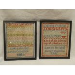 A pair of Victorian needlework rectangular samplers depicting alphabet and letters by Louisa