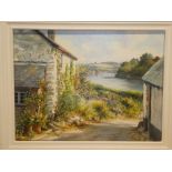 Monica Childs - oil on canvas "Pendarves Village near Helford", signed, labelled to verso,