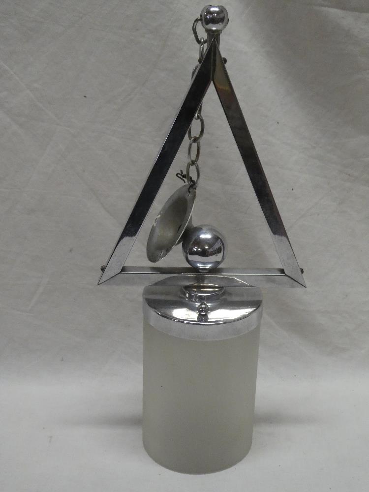 An Art Deco chromium-plated hall lantern with triangular stem and frosted glass shade 16" long