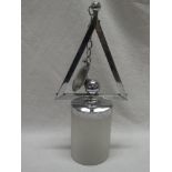 An Art Deco chromium-plated hall lantern with triangular stem and frosted glass shade 16" long