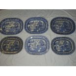 Six various 19th century Staffordshire pottery blue and white Willow pattern meat platters
