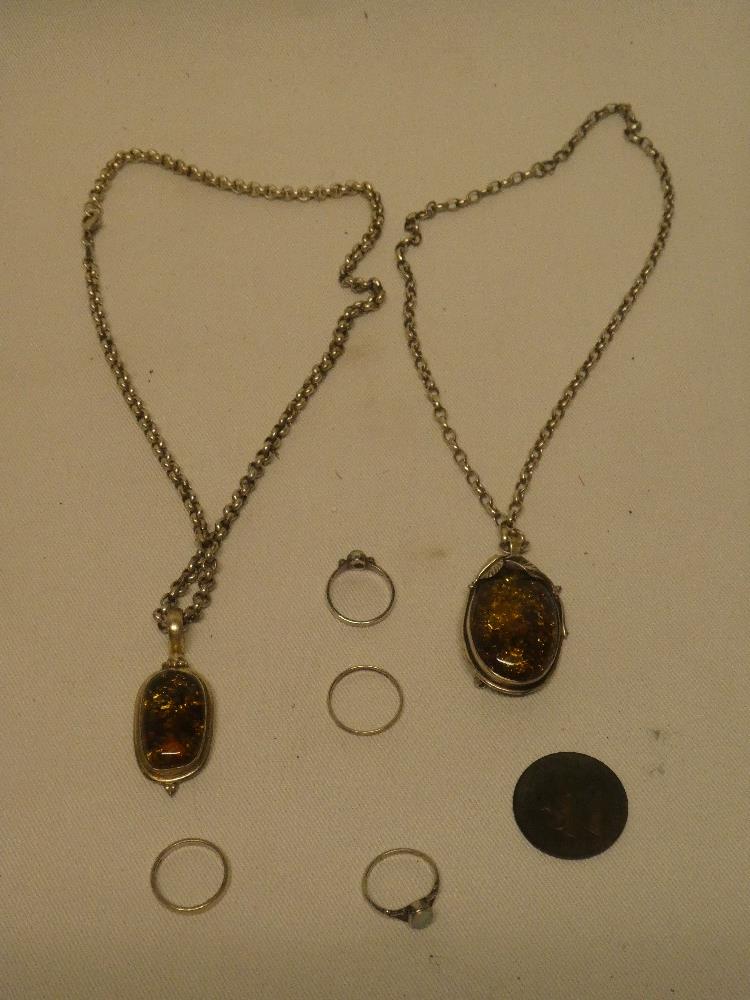 Two various silver pendant necklaces with reconstituted moss agate pendants, silver dress rings,