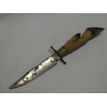 A hunter's knife with 5" blade by Rodgers of Sheffield with natural deer's hoof hilt (af)