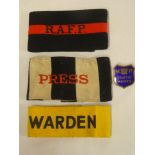 Three various Second War arm-bands including printed felt "Warden";