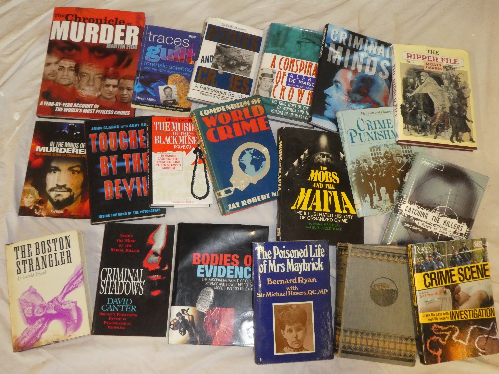 Various crime and murder related volumes including The Ripper File, Criminal Shadows,