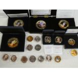 Nine various silver crowns, selection of gold-plated copper commemorative crowns,