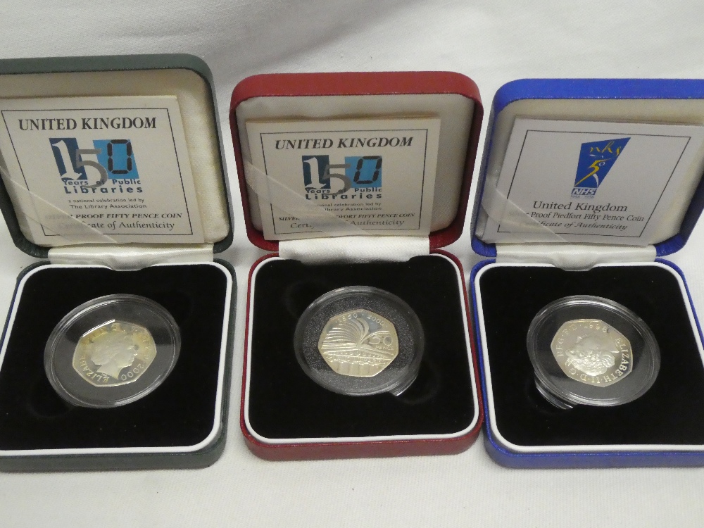 Three silver Piedfort proof 50 pence coins - 2 x 2000 and 1 x 1998,