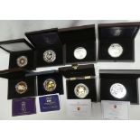 Eight Mint Silver 5 oz Commemorative coins including 2016, 2015, 2013 and others etc.