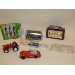 A selection of mixed toys including pewter Morgan vehicle,