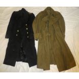 An Officer's khaki great coat of the Northamptonshire Regiment with KIng's crown buttons;