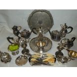 A selection of various electroplated items including three-piece tea-set, trays, teapots etc.