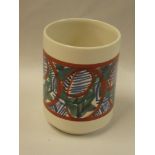 A 1970's Poole pottery cylindrical vase with painted leaf decoration by Wendy Smith,