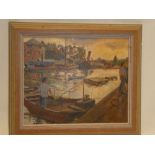 Rod Clark - oil on board River scene with shipping,