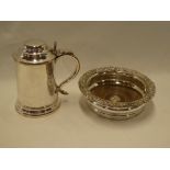 A 19th century Sheffield plate pint sized lidded tankard with scroll handle and a 19th century