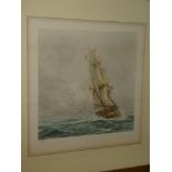 A coloured etching of a sailing vessel at sea, signed in pencil W. L.