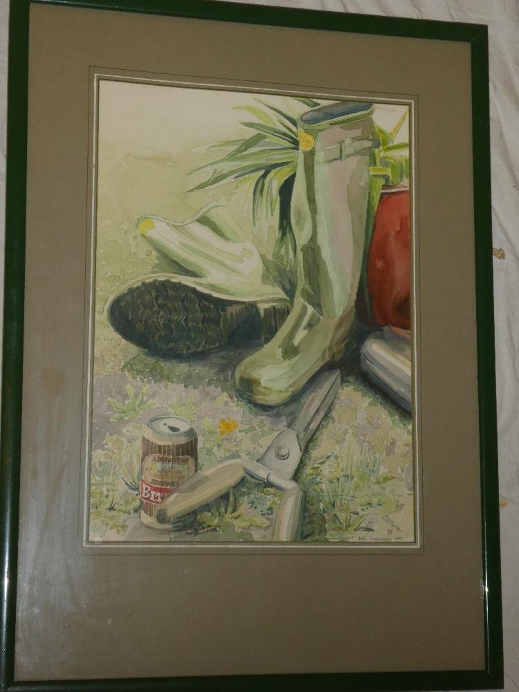 John Freeborne - watercolour "Green Wellies", signed, labelled to verso,