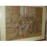 J** C** - pastel Interior scene with figure seated in a chair,
