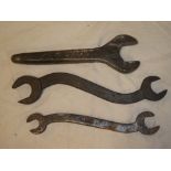 Three various early spanners including pre-1889 double-ended spanner marked "CR" for the Cornish