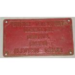 A British Transport Commission iron rectangular sign "Caution Buried Electric Cables" 7" x 13"