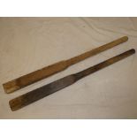 Two railway wooden shunters brake sticks and five various railway shunting pole hooks